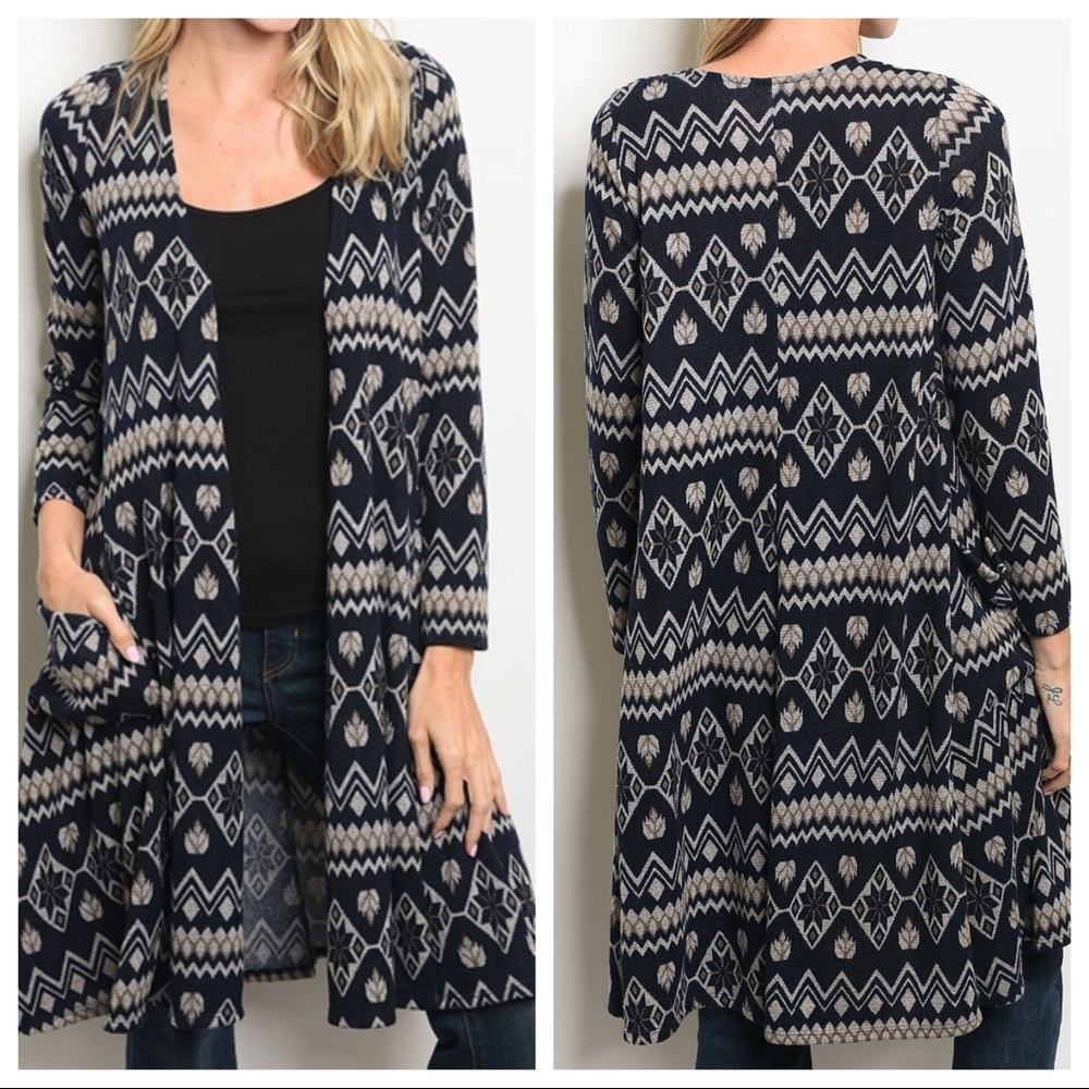 Navy & Taupe Aztec Print Cardigan - Picture 6 of 6